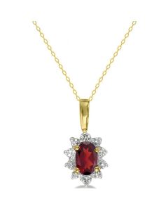 Oval Shape Garnet & Diamond Halo Pendant Necklace 14K Yellow Gold