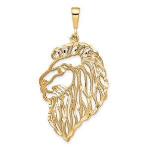 Mens Lion Head Profile Diamond Cut Pendant Solid 10K Yellow Gold