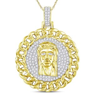 Mens Jesus Medallion Cuban Link Diamond Pendant 10K Yellow Gold