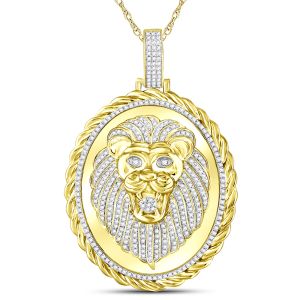 Rope Chain Framed Lion Diamond Pendant 10K Yellow Gold