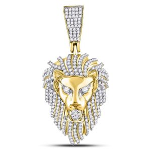 Mens Lion Face Head Diamond Pendant Yellow Gold