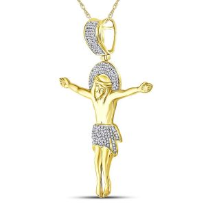 Mens Diamond Jesus Crucifix Pendant 10K Yellow Gold
