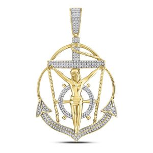 Diamond Jesus Cross Anchor Pendant 10K Yellow Gold 