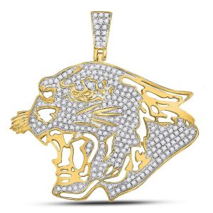Mens Diamond Panther Head Pendant Yellow Gold