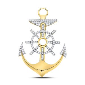 Mens Diamond Nautical Anchor Wheel Pendant Yellow Gold