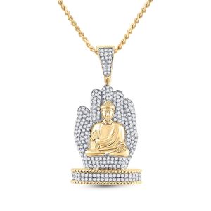 Mens Diamond Buddha Praying Hands Pendant 10K Yellow Gold