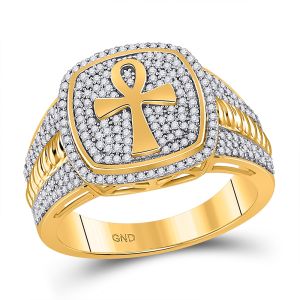 Mens Diamond Ankh Cross Ring 10K Yellow Gold