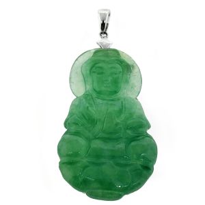 Green Jade Buddha Pendant 14K White Gold