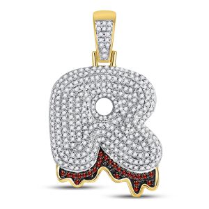 Letter R Dripping Red Diamond Pendant 10K Yellow Gold