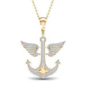 Diamond Angel Wings Anchor Pendant 10K Yellow Gold 