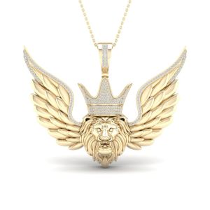 Mens Diamond Lion Angel Wings Pendant 10K Yellow Gold