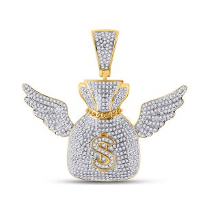 Mens Money Bag Angel Wings Diamond Pendant 10K Yellow Gold