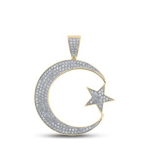 Mens Islamic Star and Crescent Diamond Pendant 10K Yellow Gold