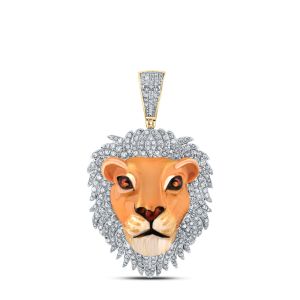 Mens Lion Head Diamond Pendant Orange Enameld 10K Yellow Gold