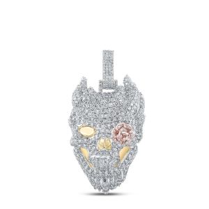 Skeleton Ghoul Face Rose Eye Diamond Pendant Solid 10K Yellow Gold