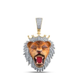 Mens Lion Head Diamond Pendant Orange Enamel 10K Yellow Gold