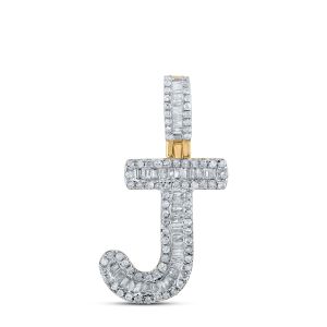 Letter J Baguette Diamond Initial Pendant 10K Yellow Gold