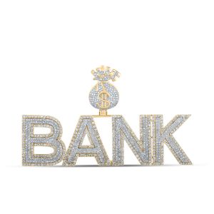 Mens Diamond BANK Money Bag Charm Pendant 14K Two-Tone Gold