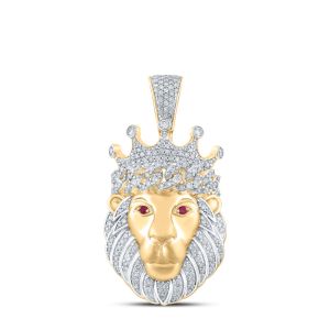 Mens Lion Head Diamond Pendant 14K Yellow Gold