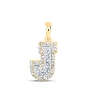 Capital Letter Initial J Double Row Diamond Pendant 10K Yellow & White Gold