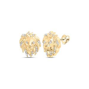 Mens Diamond Lion Face Stud Earrings 10K Yellow Gold