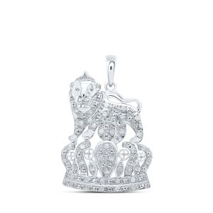 Mens Diamond Lion Crown Charm Pendant Sterling Silver