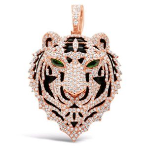 Mens Tiger Face Head Diamond Medallion Pendant 14K Rose Gold