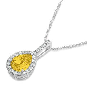 1.05 Carat Pear Shape Yellow Sapphire & Diamond Halo Pendant Necklace 14K White Gold