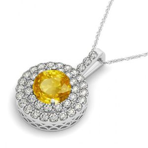 Brilliant Round 6.5mm Yellow Sapphire & Diamond Double Halo Pendant Necklace 14K White Gold