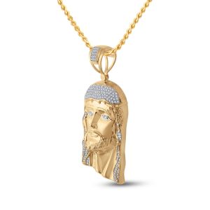 Mens Diamond Jesus Piece Pendant Sterling Silver Yellow Gold