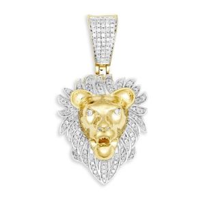 Diamond Lion Head Face Pendant 10K Yellow Gold