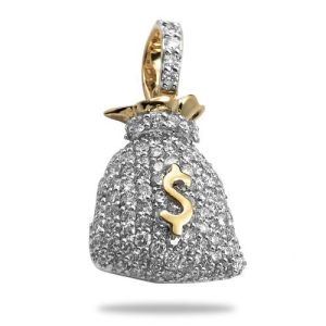 Mens Diamond Puffed Moneybag Pendant 14K Yellow Gold