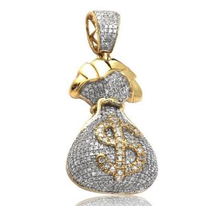 Mens Diamond Money Bag Pendant 10K Yellow Gold