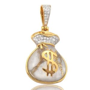 Mens Diamond & Quartz Money Bag Pendant 10K Yellow Gold