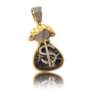 Mens Diamond & Quartz Money Bag Pendant 10K Yellow Gold