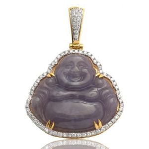 Smoke Jade & Diamond Framed Bezel Buddha Pendant 10K Yellow Gold