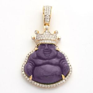 Lavender Jade & Diamond Bezel King Buddha Pendant 10K Yellow Gold