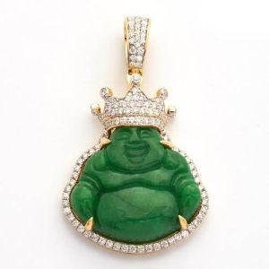 Green Jade & Diamond Bezel King Buddha Pendant 10K Yellow Gold