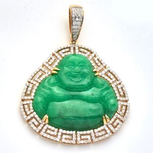 Green Jade & Diamond Bezel Buddha Pendant 10K Yellow Gold