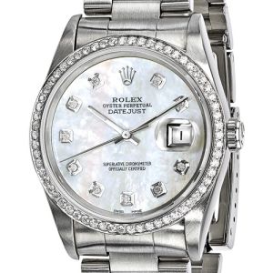 Mens Rolex Datejust Stainless Steel 18K White Gold Mother of Pearl Diamond Watch (Independently Certified Pre-Owned)