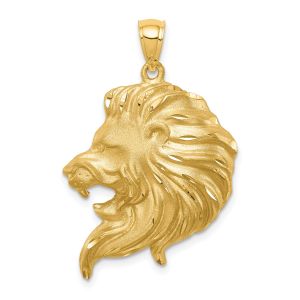 Mens Medium Brushed Diamond Cut Lion Head Pendant 14K Yellow Gold