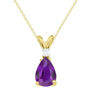 Pear Shape Amethyst & Diamond Solitaire Pendant Necklace 14K Yellow Gold
