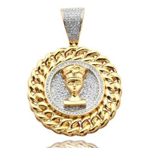 Mens Diamond Nefertiti Medallion w/ Cuban Link 10K Yellow Gold