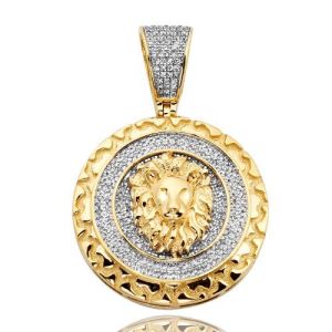 Diamond Lion Head Face Medallion w/ Nugget Border 10K Yellow Gold