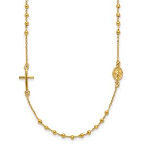Beaded & Polished Rosary Cross Necklace 14K Yellow Gold
